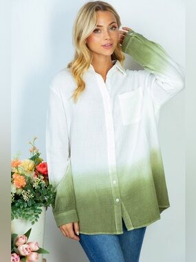 White Birch Plus Size 1XL/2XL Olive Green Ombre Gauze Button-Up Shirt NWOT